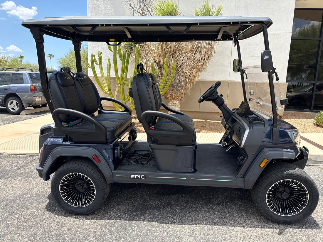 2026 EPIC E40FX Metallic Blue Forward Facing 4 Passenger Golf Cart